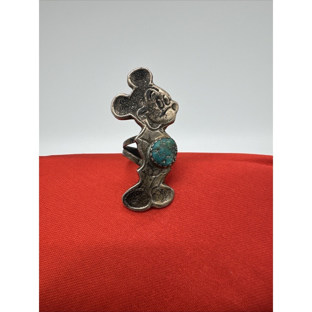 Vintage Sterling Silver Turquoise Mickey Mouse Ring Navajo Sandcast 7.75